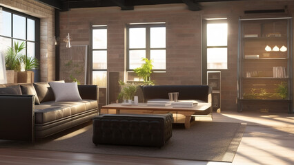 postmodern living room interior in loft, industrial style, vintage, Generative AI