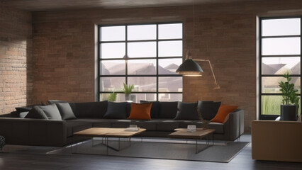 Naklejka na ściany i meble postmodern living room interior in loft, industrial style, vintage, Generative AI