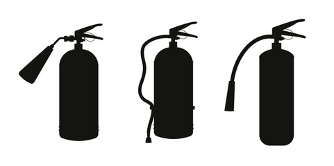 Fire extinguisher icons in black color in realistic style. Shadows. Vector stock illustration. Safety and fire protection. White background. - obrazy, fototapety, plakaty