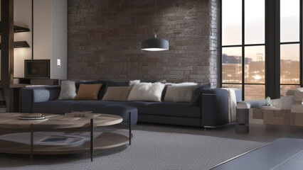 postmodern living room interior in loft, industrial style, vintage, Generative AI