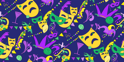 Colourful hand drawn doodle Mardi Gras symbols. Carnival Party seamless pattern. Masquerade ornament. Holiday Mardi Gras party. Design for Carnival, Mardi Gras, web template. Vector illustration © tamaraluiza