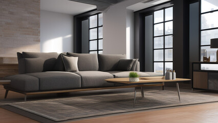 Naklejka na ściany i meble postmodern living room interior in loft, industrial style, vintage, Generative AI