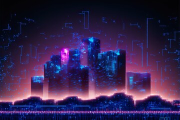 Night city background, with glowing lights, illustration with architecture, skyscrapers, megapolis, buildings downtown, Generative AI
