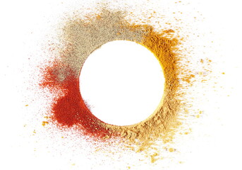 Frame mix spice, cayenne pepper, ground ginger, curry, minced white pepper isolated on white, top view