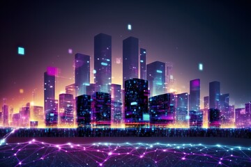 Fototapeta na wymiar Night city background, with glowing lights, illustration with architecture, skyscrapers, megapolis, buildings downtown, Generative AI