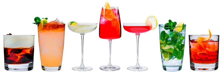 Cocktail menu, different set of classic cocktails isolated, a collection of alcoholic beverages for the menu on a white background - obrazy, fototapety, plakaty