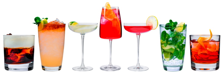Cocktail menu, different set of classic cocktails isolated, a collection of alcoholic beverages for the menu on a white background