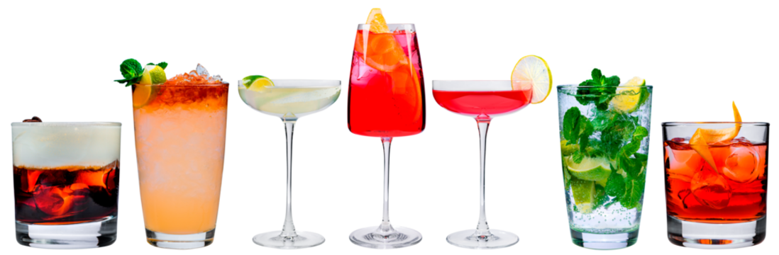 Cocktail menu, different set of classic cocktails isolated, a collection of alcoholic beverages for the menu on a white background