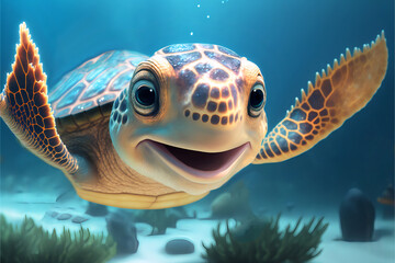 Fototapeta premium Smiling cartoon baby turtle with big eyes close-up on a background of algae and sand.Stylized cute sea turtle.AI generated.