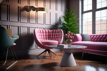 Modern apartment's chic living room with a pink tone, chic furnishings, a chair on parquet flooring, a blank circular wall, and fine accents. home furnishing, Generative AI