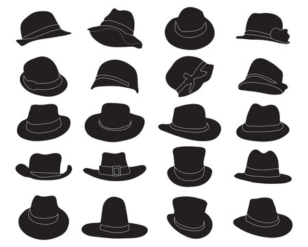 Black silhouettes of male and female hats on a white background	