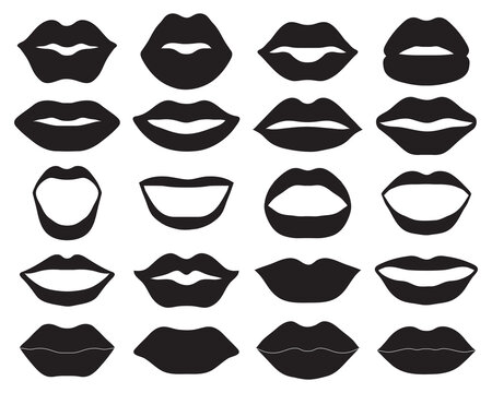 Black silhouettes of female lips on a white background