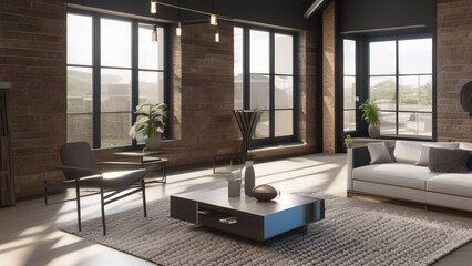 postmodern living room interior in loft, industrial style, vintage, Generative AI