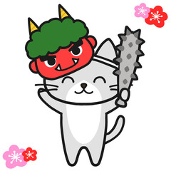 節分の鬼になりきって楽しむハチワレグレーの猫