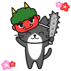 節分の鬼になりきって楽しむハチワレ黒猫