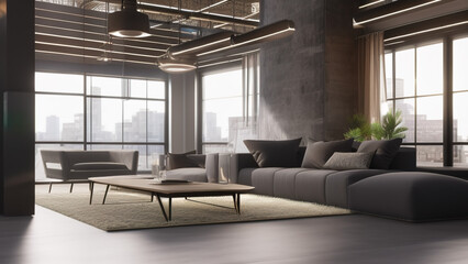 Obraz na płótnie Canvas postmodern living room interior in loft, industrial style, vintage, Generative AI