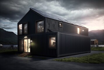 modern industry exterior style house made from converted shipping container has solar panel roof, idea for sustainability for environmental preservation Generative Ai