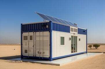 modern industry exterior style house made from converted shipping container has solar panel roof, desert landscape, idea for sustainability for environmental preservation Generative Ai