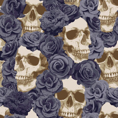 Seamless pattern with human skulls and black roses. Vector background with sinister smiling skulls. Graphic print for clothes, fabric, wallpaper, wrapping paper