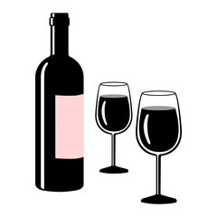 Monochrome vector graphic of an opened bottle of wine by the side of two glasses of wine