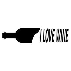 Monochrome vector graphic of a wine bottle on its side, merging into the words, I Love Wine. Don't we all