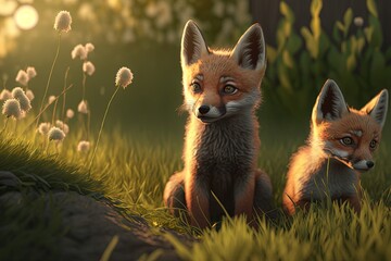 Two baby foxes sitting in grass. Generative AI. Generative AI.