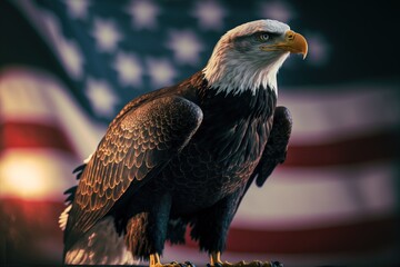 Bald eagle with american flag. Generative AI.