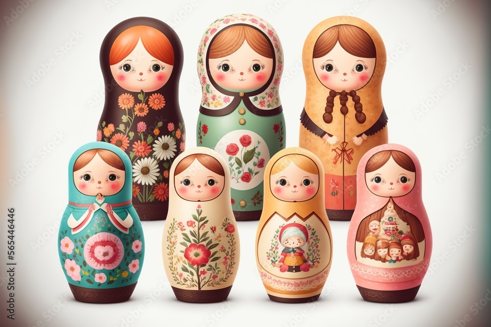 Wall mural Colorful matrioshka dolls. Generative AI.