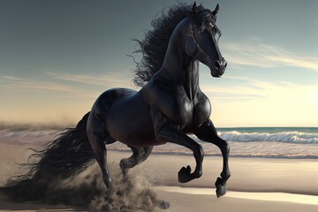 Fototapeta premium Galloping black horse at the beach. Generative AI.