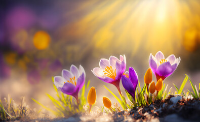 Obraz na płótnie Canvas spring crocus flowers in spring, beautiful Sun Banner, Illustration generativ ai 