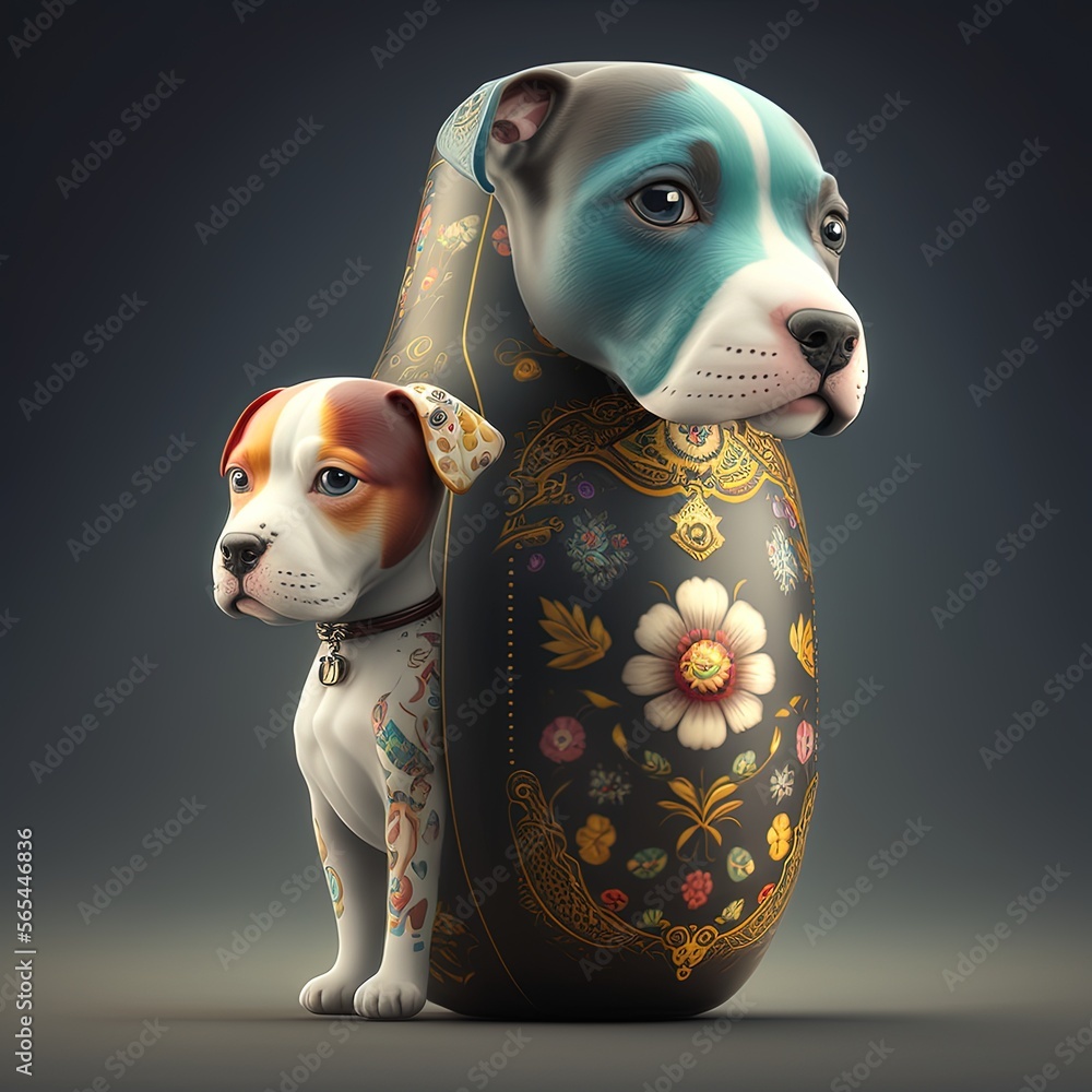 Wall mural Colorful matrioshka dolls, amstaff dog. Generative AI.