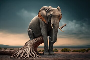 Obraz premium Lonely elephant sitting on a tree branch. Generative AI.