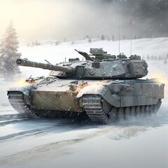 Modern main battle tank hit the snow. Generative AI.