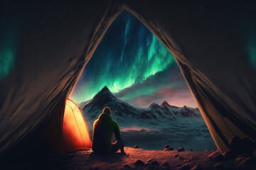 Person sitting in the top of mountain watching Northern lights from tent. Generative AI.