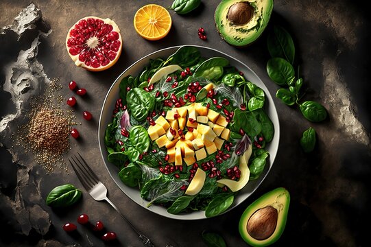 Fresh salad with pineapple, spinach, avocado and pomegranate. Generative AI.