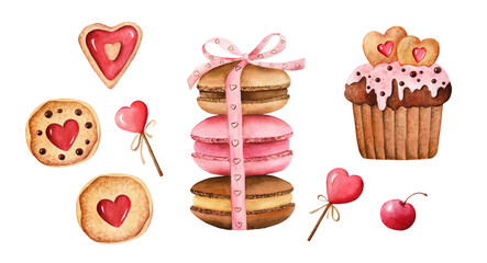 Watercolor hand painted illustrations set of cupcake, macarons, cookie, candy. Red heart, pink cream and chocolate decor. Isolated. Perfect for Valentine's day, romantic wedding, birthday.