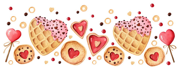 Watercolor hand painted illustration. Border with waffle, cookie, candy. Red heart, pink cream and chocolate decor. Isolated. Perfect for Valentine's day, romantic wedding, birthday.