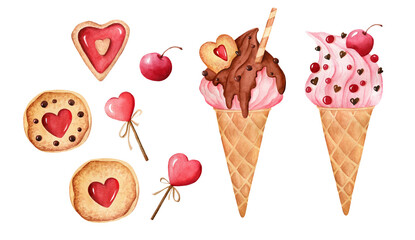 Watercolor hand painted illustrations set of ice cream, cookie, candy. Red heart, pink cream and chocolate decor. Isolated. Perfect for Valentine's day, romantic wedding, birthday.