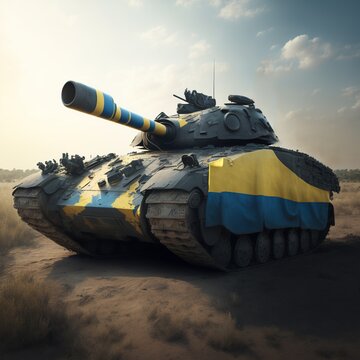 Ukrainian Battle Tank With Flag. Generative AI.