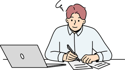 Man work on laptop make notes on paper