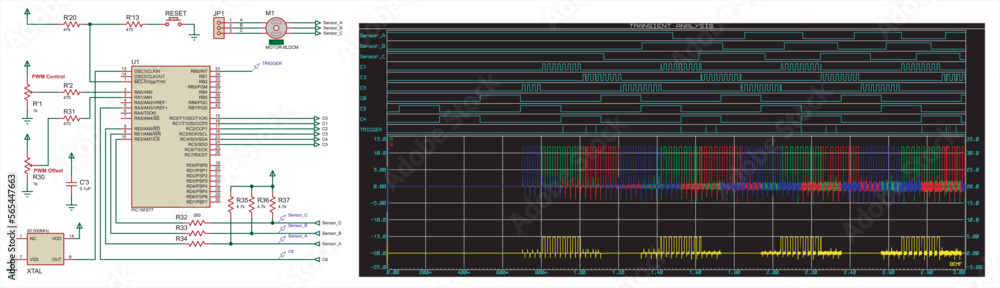 Poster vector diagram of an electronic device with a motor running under the control of a microcontroller. 