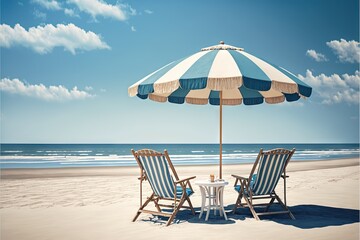  two chairs and an umbrella on a beach with the ocean in the background and a table with a white table and chairs under it,. generative ai