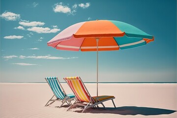  a couple of lawn chairs sitting under an umbrella on a beach with a blue sky in the background and a few clouds in the sky.  generative ai