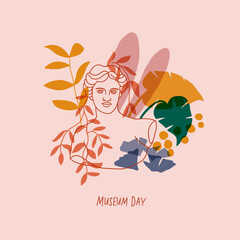 Statue of Renaissance woman with flowers. Minimalistic illustration. Pink background. Museum day postcard, banner. Museum illustration. Vector illustration