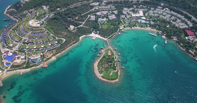 Drone view of the sea and tropical island in Bodrum sea