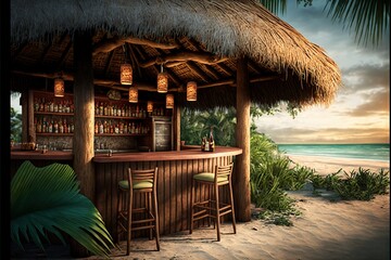 Fototapeta premium a bar with a tiki bar and a tropical beach scene in the background with palm trees and a sunset sky with clouds and a few clouds. generative ai