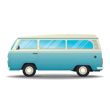 Old style two colors minivan. Side view of blue retro hippie bus. Realistic vector illustration. Vehicle and transport banner. Retro style old car from 60s or 70s. 