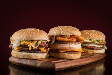 Burger combo. Three different types of hamburgers.