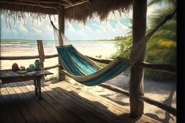  a painting of a hammock on a deck overlooking the ocean and a beach with a picnic table and a bench with a teapot.  generative ai