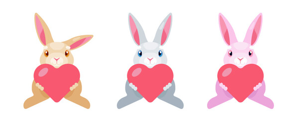 Three Сute Bunnies with Hearts Vector lovely illustration in pink red blue and orange colors for stickers and postcards